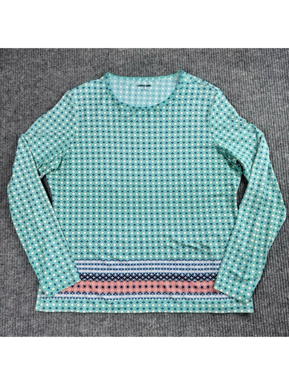 Lands' End Swim Shirt Rash Guard Top Womens XL Blue Geometric Long Sleeve Beach